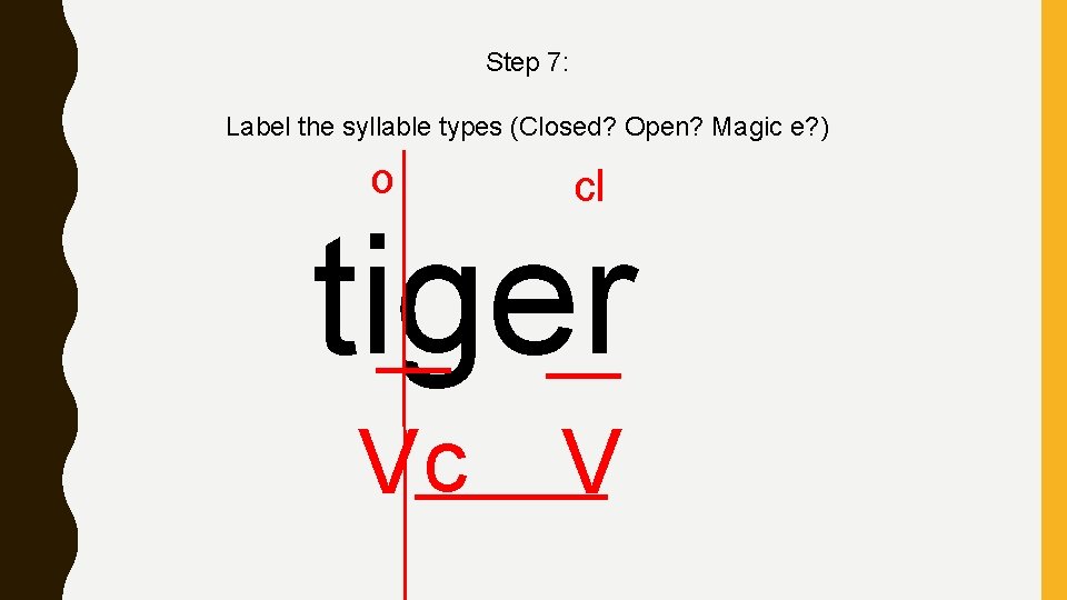 Step 7: Label the syllable types (Closed? Open? Magic e? ) o cl Vc