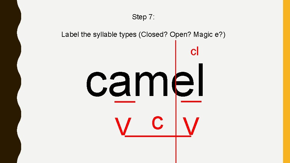 Step 7: Label the syllable types (Closed? Open? Magic e? ) cl camel c