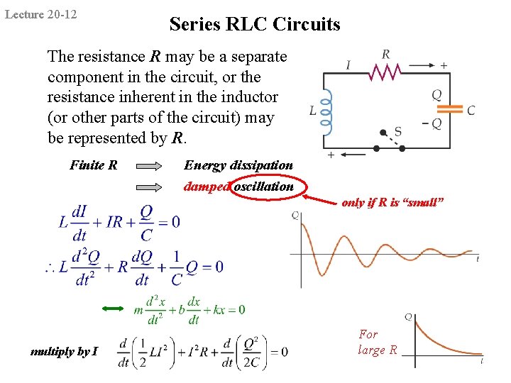 Lecture 20 -12 Series RLC Circuits The resistance R may be a separate component