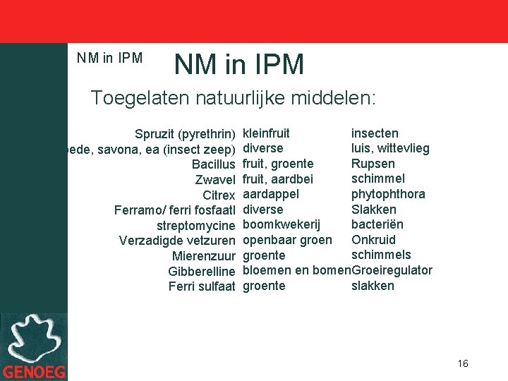 NM in IPM Toegelaten natuurlijke middelen: Spruzit (pyrethrin) M-pede, savona, ea (insect zeep) Bacillus