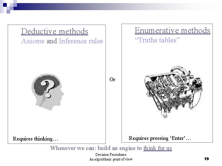 Enumerative methods Deductive methods “Truths tables” Axioms and Inference rules Or Requires thinking… Requires