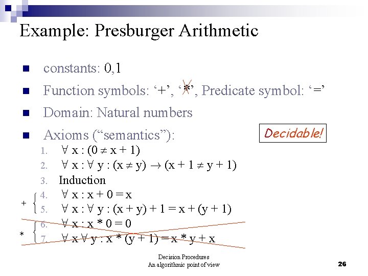 Example: Presburger Arithmetic n constants: 0, 1 n Function symbols: ‘+’, ‘*’, Predicate symbol: