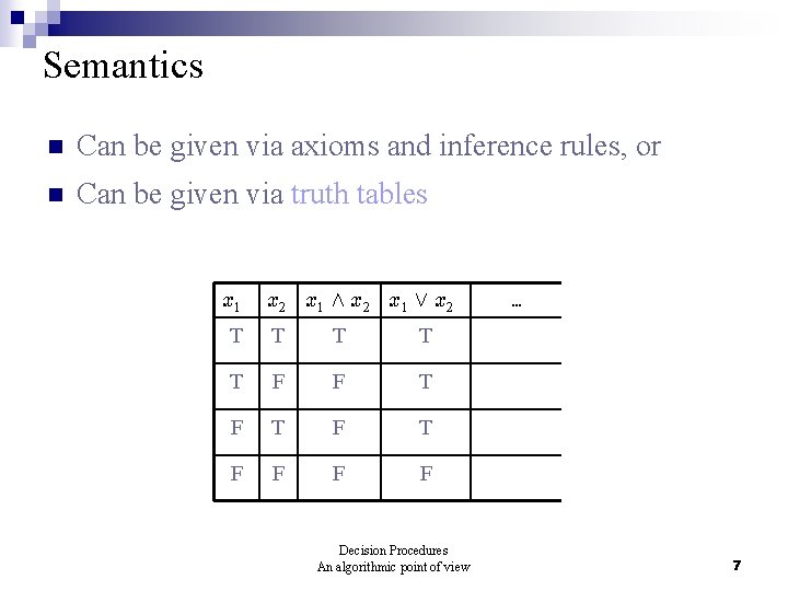 Semantics n Can be given via axioms and inference rules, or n Can be