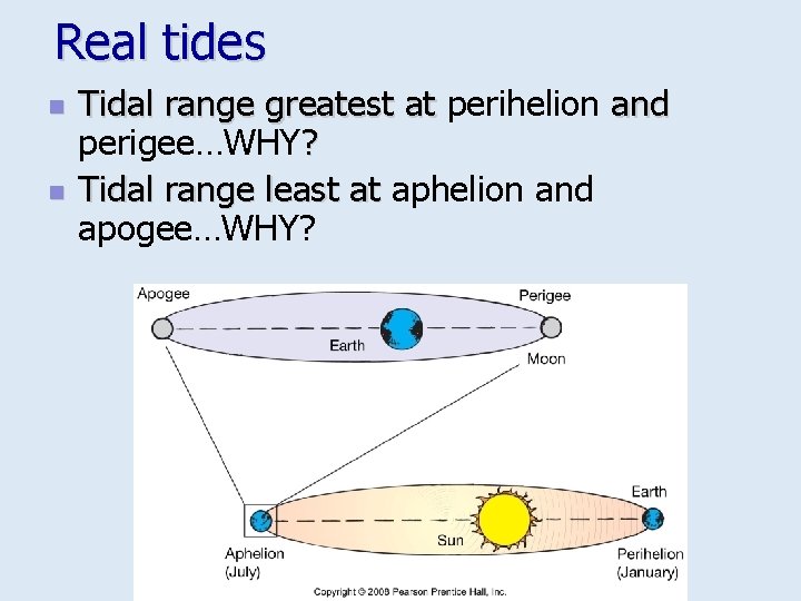 Real tides n n Tidal range greatest at perihelion and perigee…WHY? Tidal range least