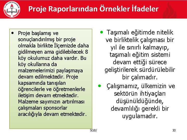 Proje Raporlarından Örnekler İfadeler • Taşımalı eğitimde nitelik • Proje başlamış ve sonuçlandırılmış bir