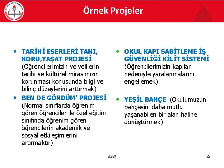 Örnek Projeler • TARİHİ ESERLERİ TANI, • OKUL KAPI SABİTLEME İŞ • • YEŞİL