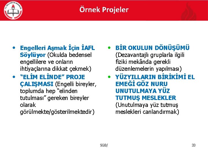 Örnek Projeler • Engelleri Aşmak İçin İAFL • BİR OKULUN DÖNÜŞÜMÜ • • Söylüyor