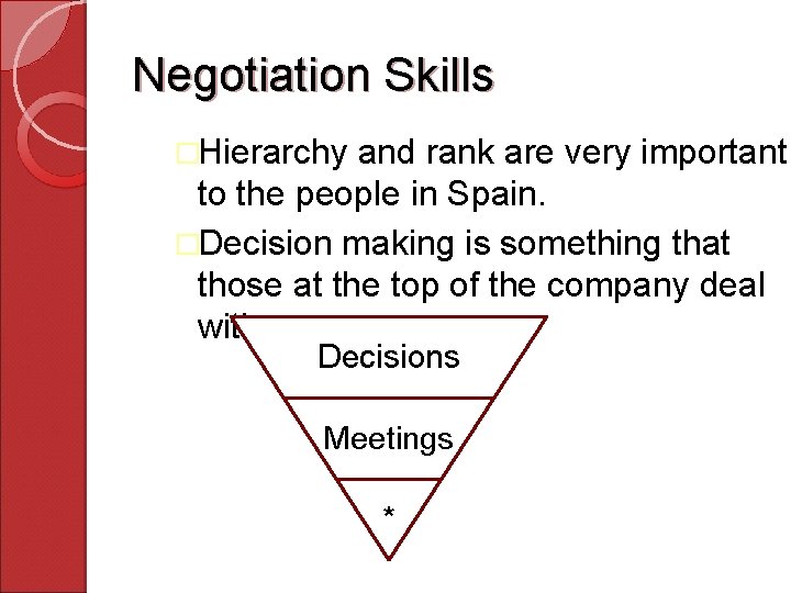 Negotiation Skills �Hierarchy and rank are very important to the people in Spain. �Decision