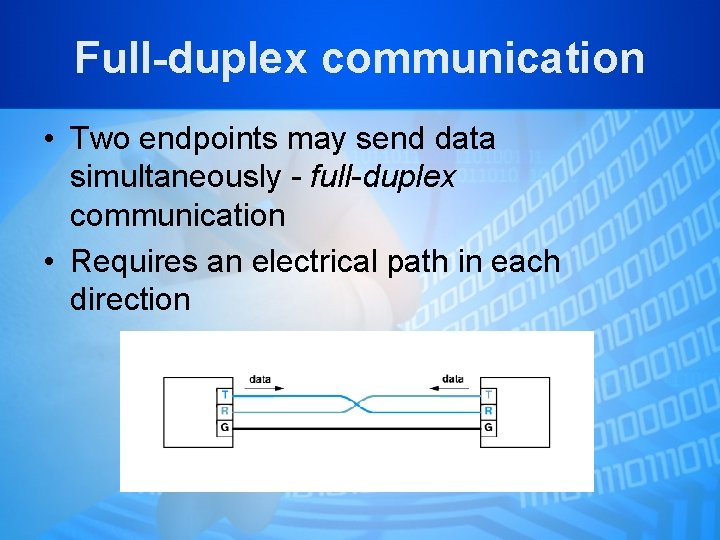 Full-duplex communication • Two endpoints may send data simultaneously - full-duplex communication • Requires