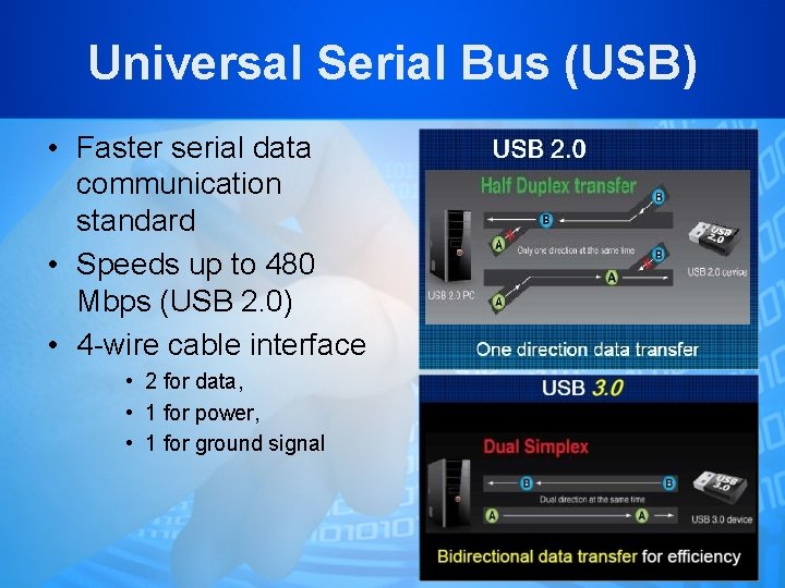 Universal Serial Bus (USB) • Faster serial data communication standard • Speeds up to