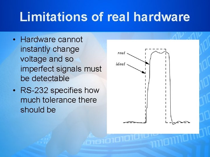 Limitations of real hardware • Hardware cannot instantly change voltage and so imperfect signals Limitations of real hardware • Hardware cannot instantly change voltage and so imperfect signals