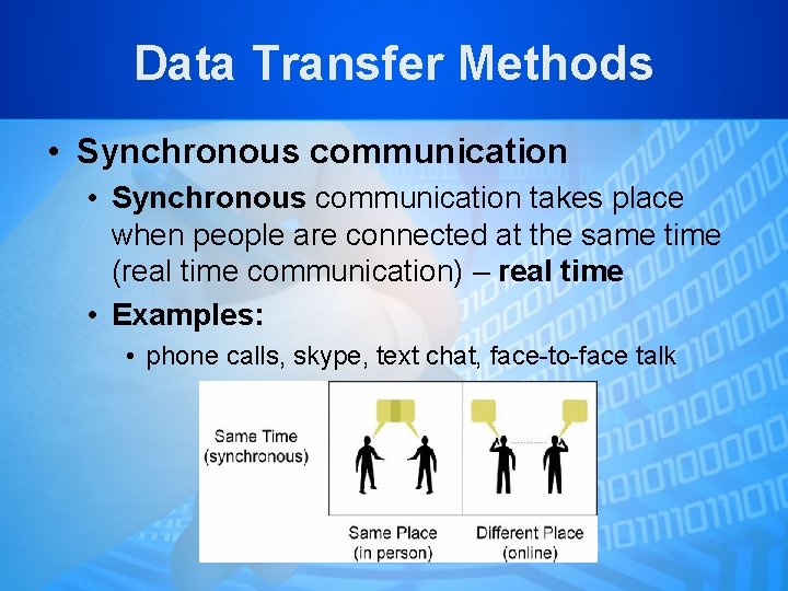 Data Transfer Methods • Synchronous communication takes place when people are connected at the