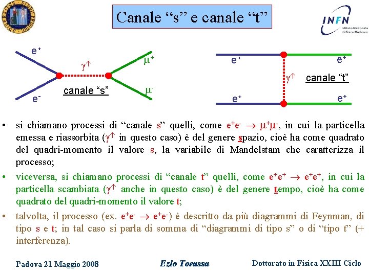 Canale “s” e canale “t” e+ e- canale “s” + e+ e+ canale “t”