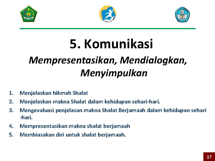 5. Komunikasi Mempresentasikan, Mendialogkan, Menyimpulkan 1. Menjelaskan hikmah Shalat 2. Menjelaskan makna Shalat dalam