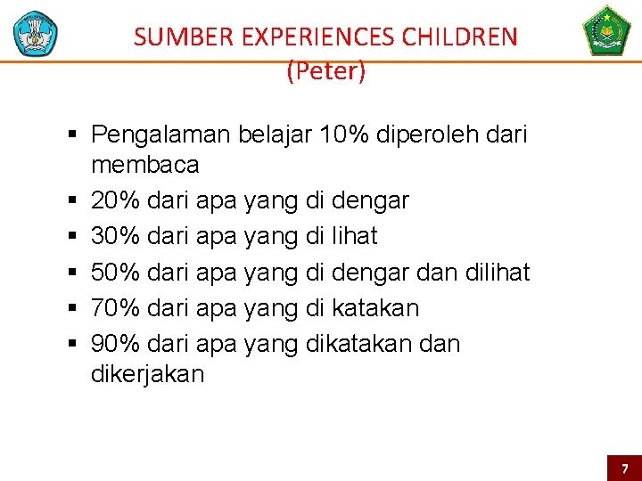 SUMBER EXPERIENCES CHILDREN (Peter) § Pengalaman belajar 10% diperoleh dari membaca § 20% dari
