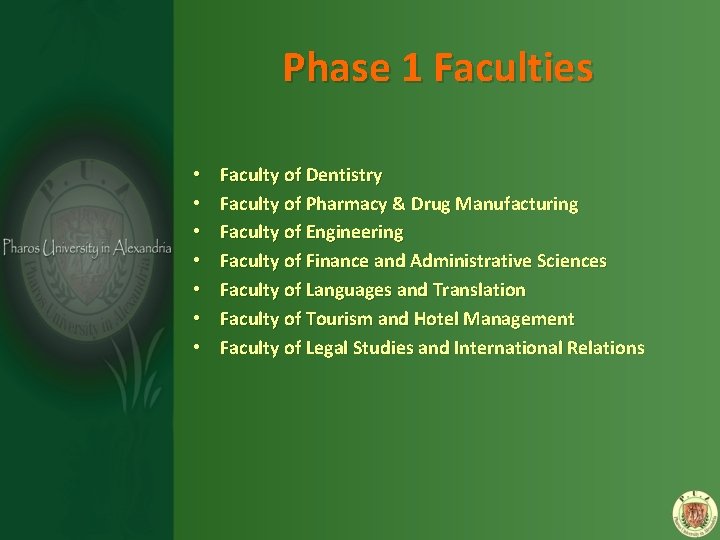 Phase 1 Faculties • • Faculty of Dentistry Faculty of Pharmacy & Drug Manufacturing