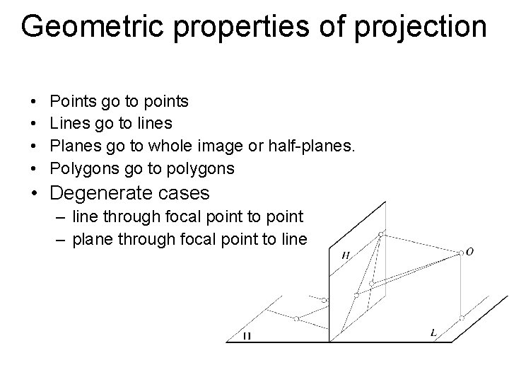 Geometric properties of projection • • Points go to points Lines go to lines