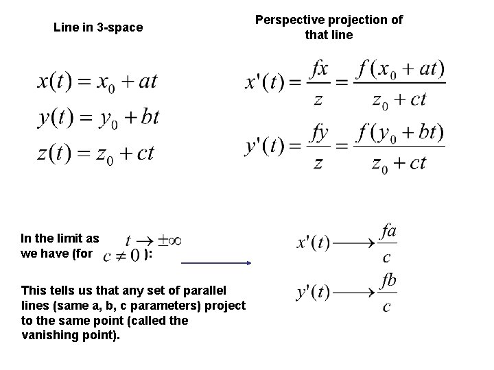 Perspective projection of that line Line in 3 -space In the limit as we Perspective projection of that line Line in 3 -space In the limit as we