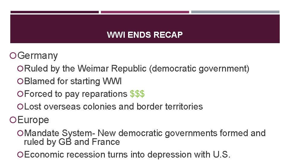 WWI ENDS RECAP Germany Ruled by the Weimar Republic (democratic government) Blamed for starting