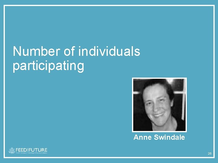 Number of individuals participating Anne Swindale 26 