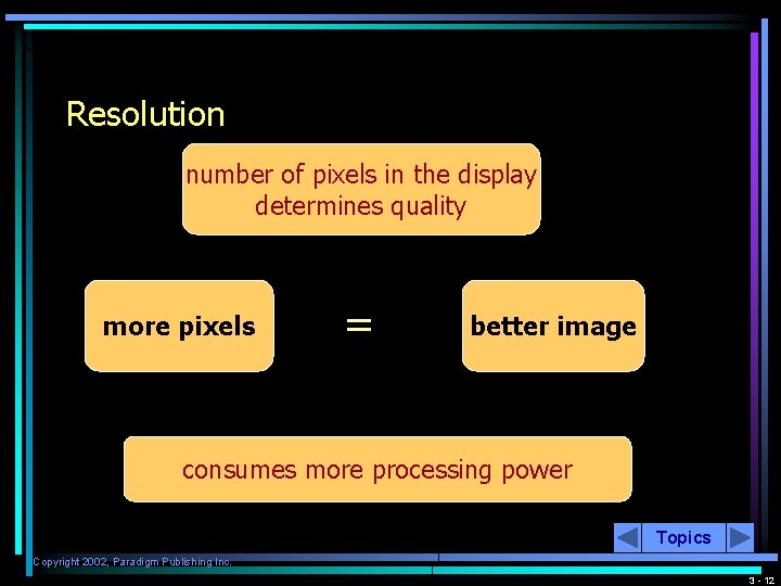 Resolution number of pixels in the display determines quality more pixels = better image