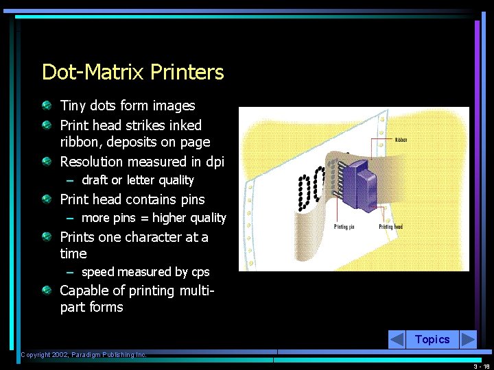 Dot-Matrix Printers Tiny dots form images Print head strikes inked ribbon, deposits on page