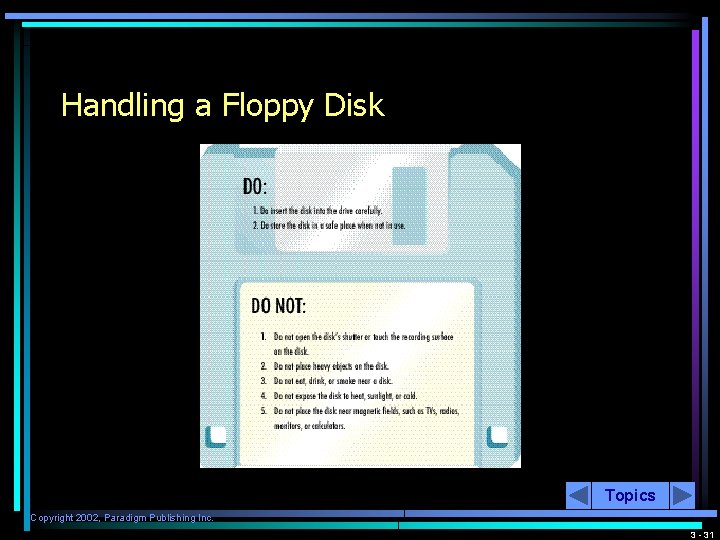 Handling a Floppy Disk Topics Copyright 2002, Paradigm Publishing Inc. 3 - 31 