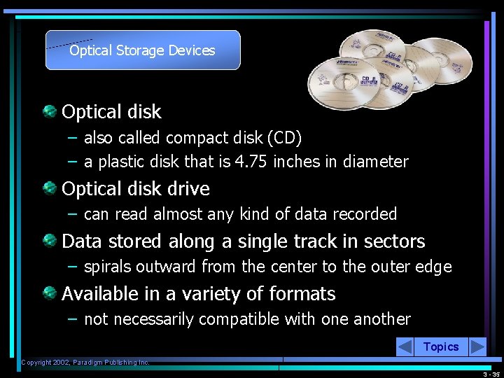 Optical Storage Devices Optical disk – also called compact disk (CD) – a plastic