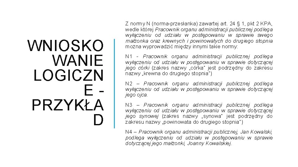 WNIOSKO WANIE LOGICZN EPRZYKŁA D Z normy N (norma-przesłanka) zawartej art. 24 § 1,