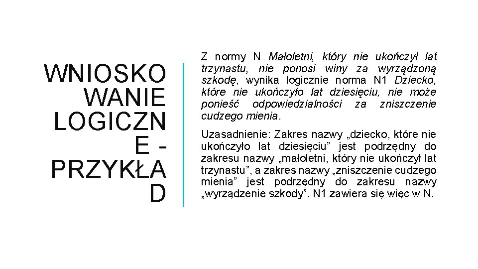 WNIOSKO WANIE LOGICZN EPRZYKŁA D Z normy N Małoletni, który nie ukończył lat trzynastu,