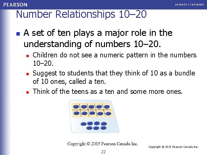 Number Relationships 10– 20 n A set of ten plays a major role in