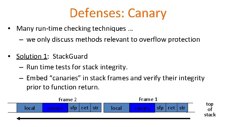 Defenses: Canary • Many run-time checking techniques … – we only discuss methods relevant