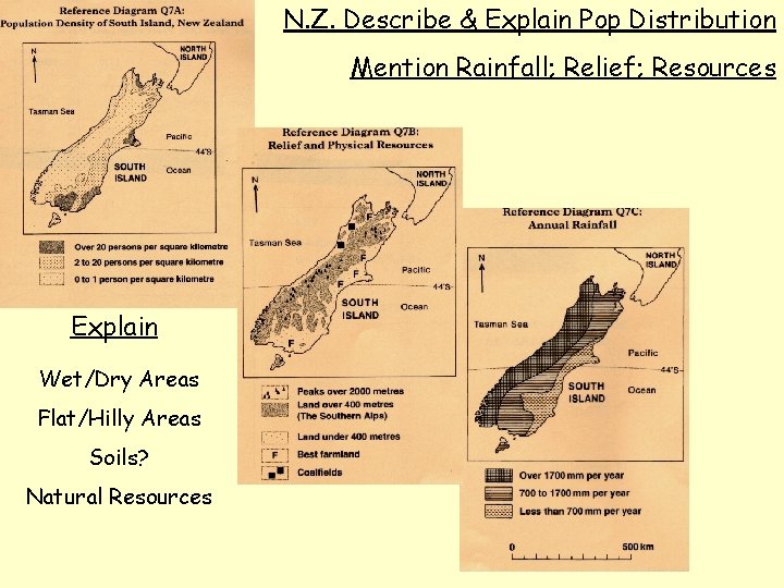 N. Z. Describe & Explain Pop Distribution Mention Rainfall; Relief; Resources Explain Wet/Dry Areas