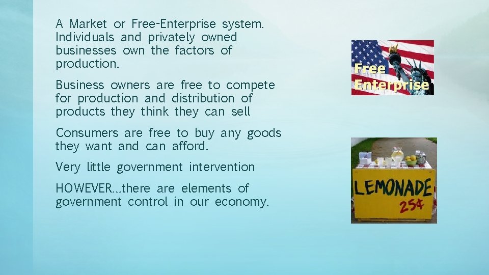 A Market or Free-Enterprise system. Individuals and privately owned businesses own the factors of