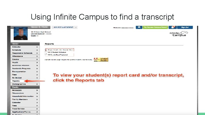 Using Infinite Campus to find a transcript 