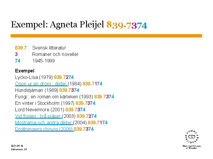 Exempel: Agneta Pleijel 839. 7374 839. 7 3 74 Svensk litteratur Romaner och noveller