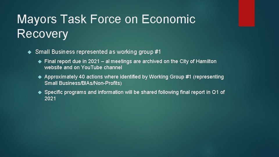 Mayors Task Force on Economic Recovery Small Business represented as working group #1 Final