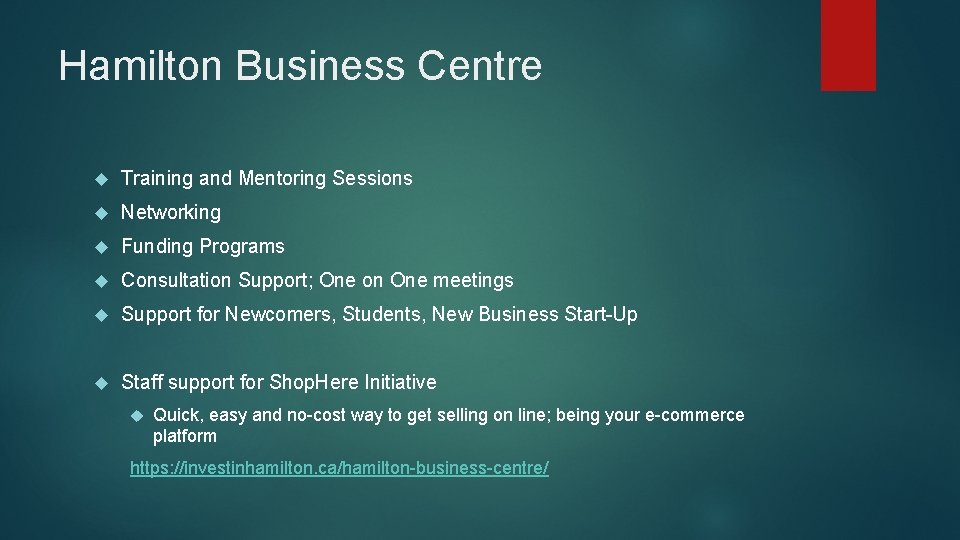 Hamilton Business Centre Training and Mentoring Sessions Networking Funding Programs Consultation Support; One on