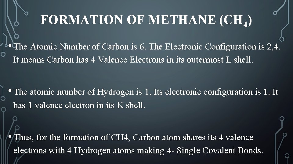 FORMATION OF METHANE (CH 4) • The Atomic Number of Carbon is 6. The