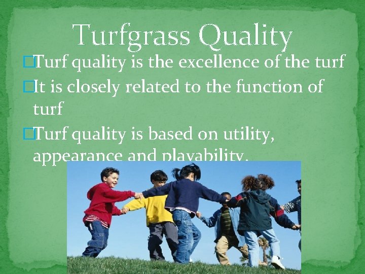 Turfgrass Quality �Turf quality is the excellence of the turf �It is closely related