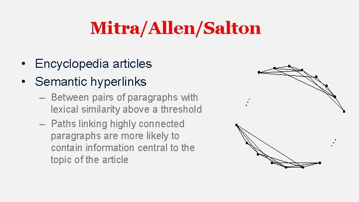 Mitra/Allen/Salton … – Between pairs of paragraphs with lexical similarity above a threshold –