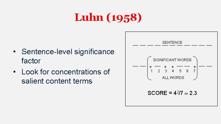 Luhn (1958) SENTENCE • Sentence-level significance factor • Look for concentrations of salient content