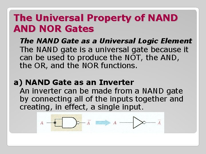 The Universal Property of NAND NOR Gates The NAND Gate as a Universal Logic The Universal Property of NAND NOR Gates The NAND Gate as a Universal Logic