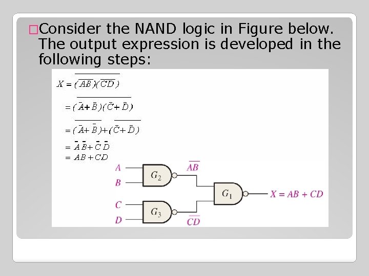 �Consider the NAND logic in Figure below. The output expression is developed in the