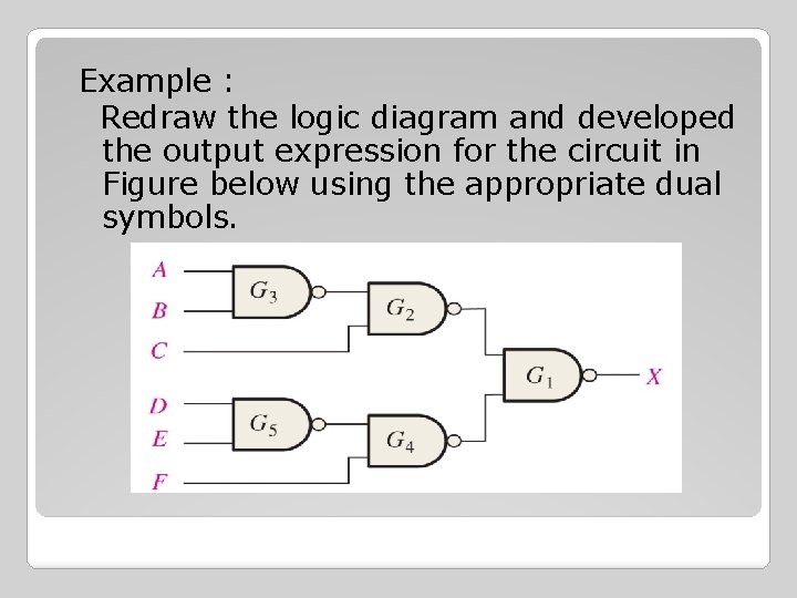 Example : Redraw the logic diagram and developed the output expression for the circuit Example : Redraw the logic diagram and developed the output expression for the circuit