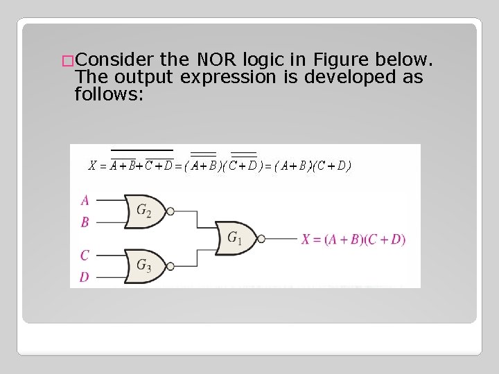 �Consider the NOR logic in Figure below. The output expression is developed as follows: