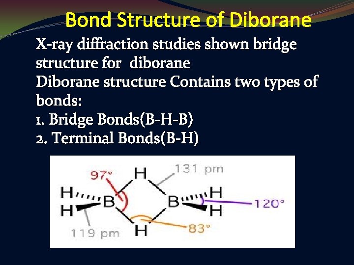 Bond Structure of Diborane X-ray diffraction studies shown bridge structure for diborane Diborane structure