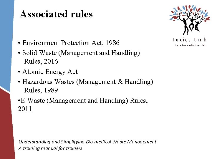 Associated rules • Environment Protection Act, 1986 • Solid Waste (Management and Handling) Rules,