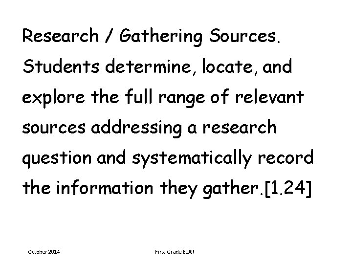 Research / Gathering Sources. Students determine, locate, and explore the full range of relevant