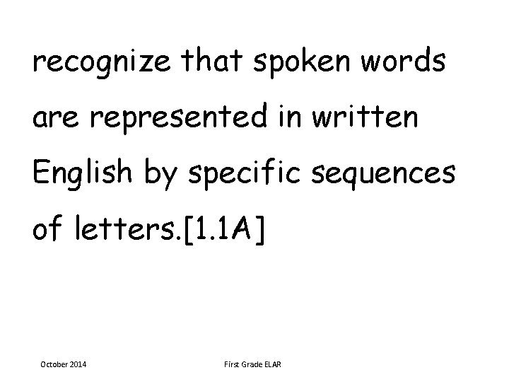 recognize that spoken words are represented in written English by specific sequences of letters.